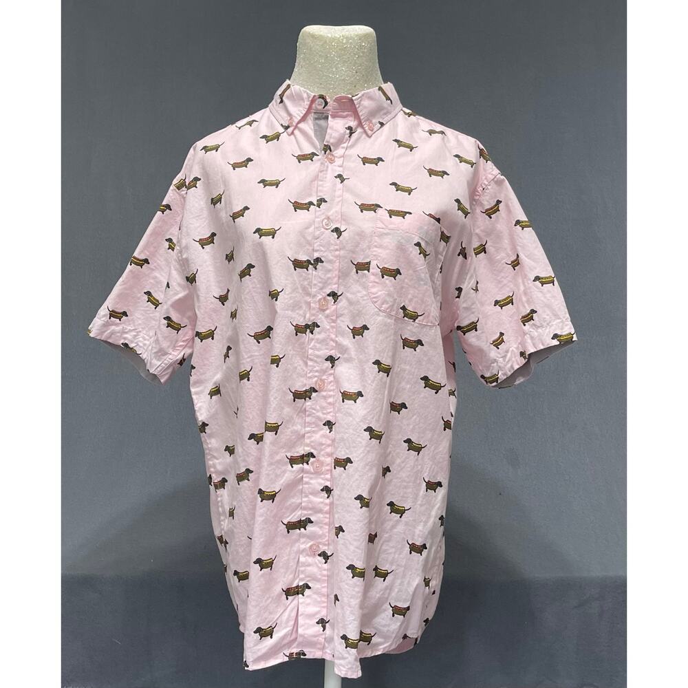 Creative Destruction pink button-up shirt sz M Playful‎ whimsical dachshund